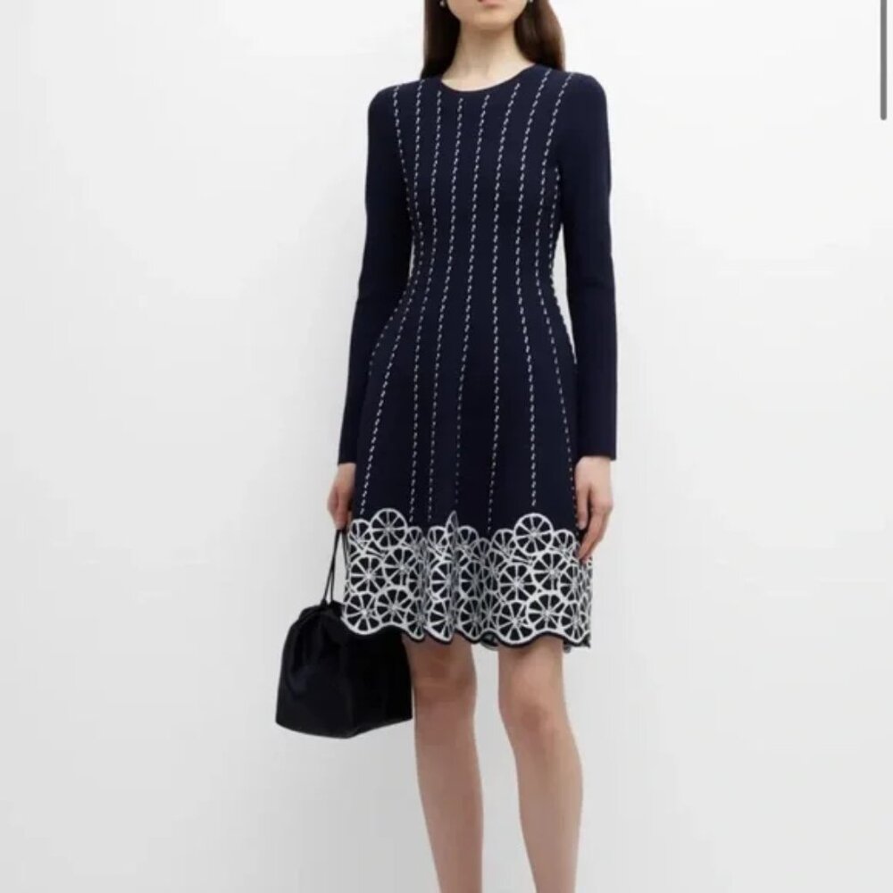 Lela Rose Jacquard Knit Long-Sleeve Dress $1,490 small navy white